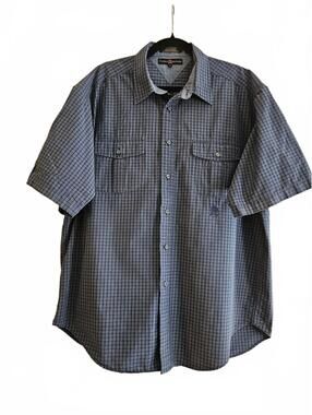 Tommy Hilfiger XL Blue & Grey Plaid Short Sleeve Button-Down Shirt-Size XL